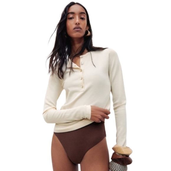 Zara Henley Cream Buttoned Maille Top - Picture 1 of 8